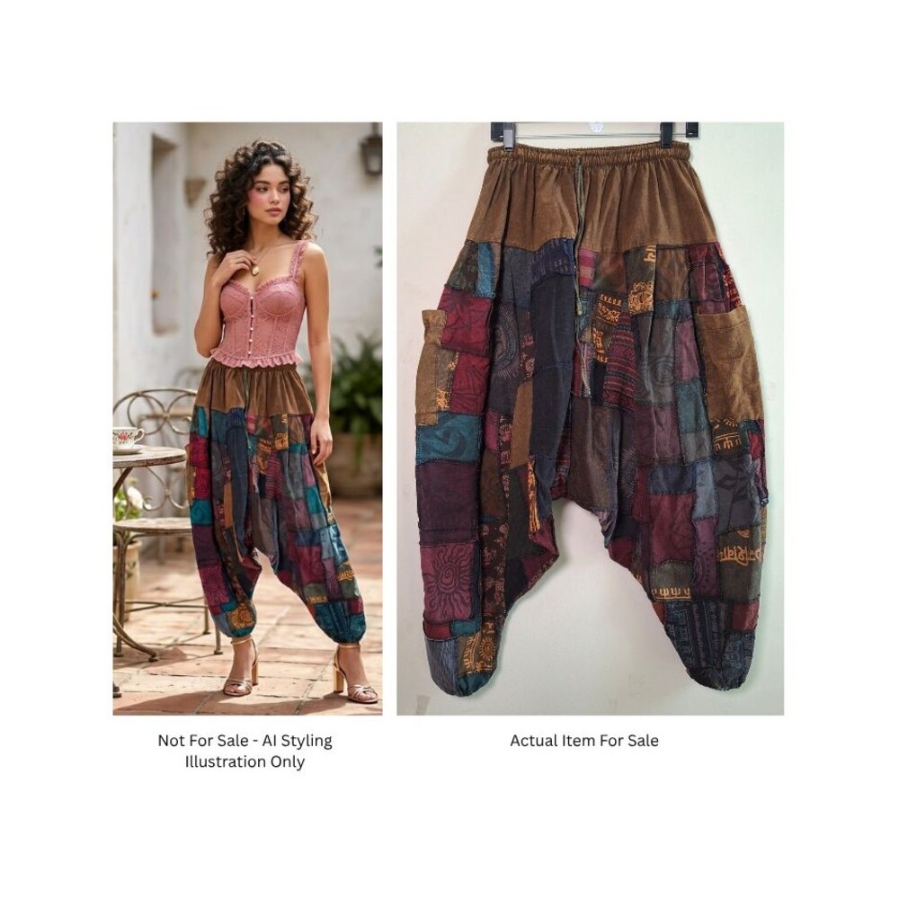 Kathmandu Patchwork Harem Pant Drop Crotch M Boho Festival Hippie Yoga Grunge
